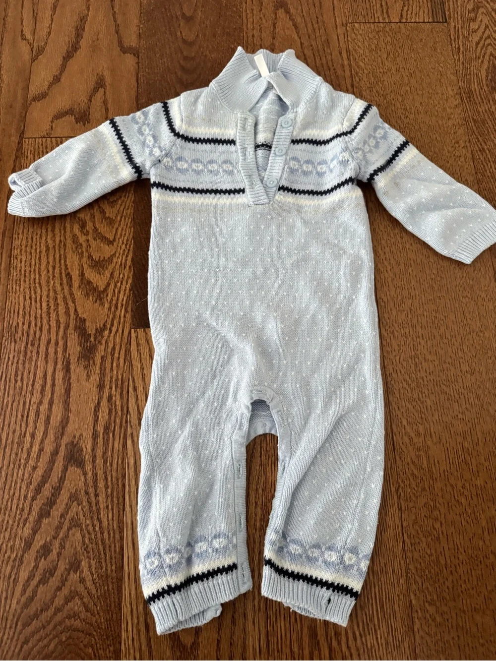 Janie and Jack Light Blue Knit Baby One-Piece Romper with Navy Trim